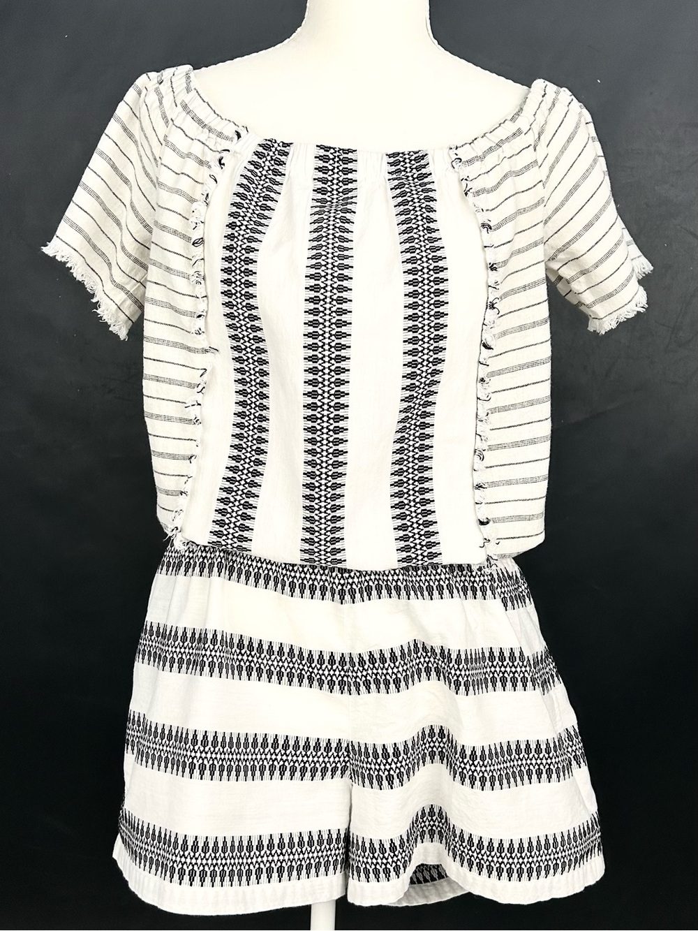 lovestitch White and Black Striped Off-Shoulder Romper